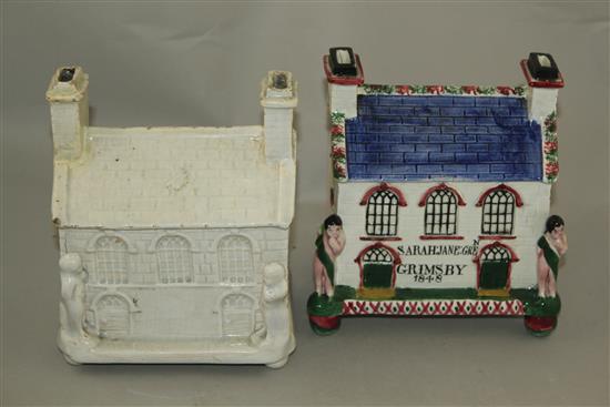 Two Yorkshire pottery money boxes in the form of a chapel, mid 19th century, 17.5cm and 18cm